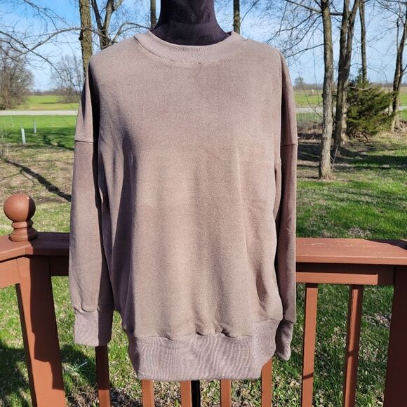 Women's Brown Round Neck Long Sleeve Dropped Shoulder Pullover Sweatshirt, Med - Picture 1 of 12